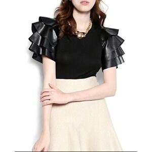 Gracia Black Faux Leather Ruffle Sleeve Top XL Statement Blouse Avant‎ Garde